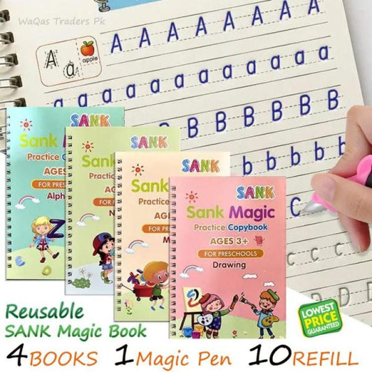 Pack Of 4 Sank Magic Book Practice (books + Magic Pen With 10 Ink Refills)
